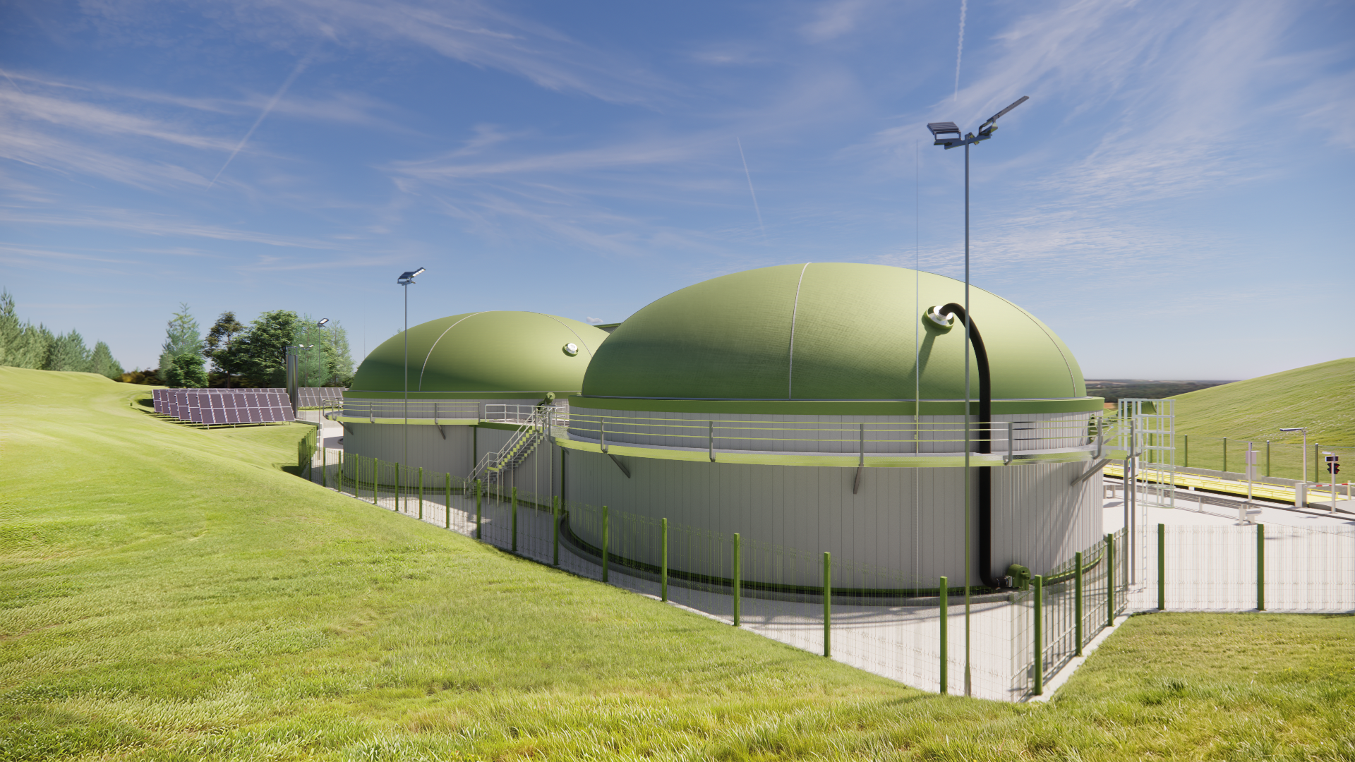 Anaerobic digestion tanks and perimeter fencing